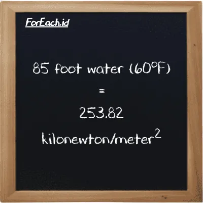 85 foot water (60<sup>o</sup>F) is equivalent to 253.82 kilonewton/meter<sup>2</sup> (85 ftH2O is equivalent to 253.82 kN/m<sup>2</sup>)